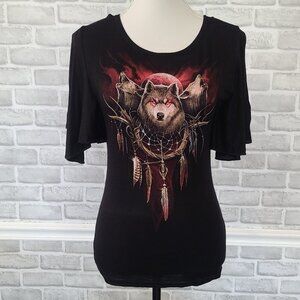 Spiral Direct Cry of the Wolf Black Tshirt Goth Gringe Edgy Medium Bat Sleeve